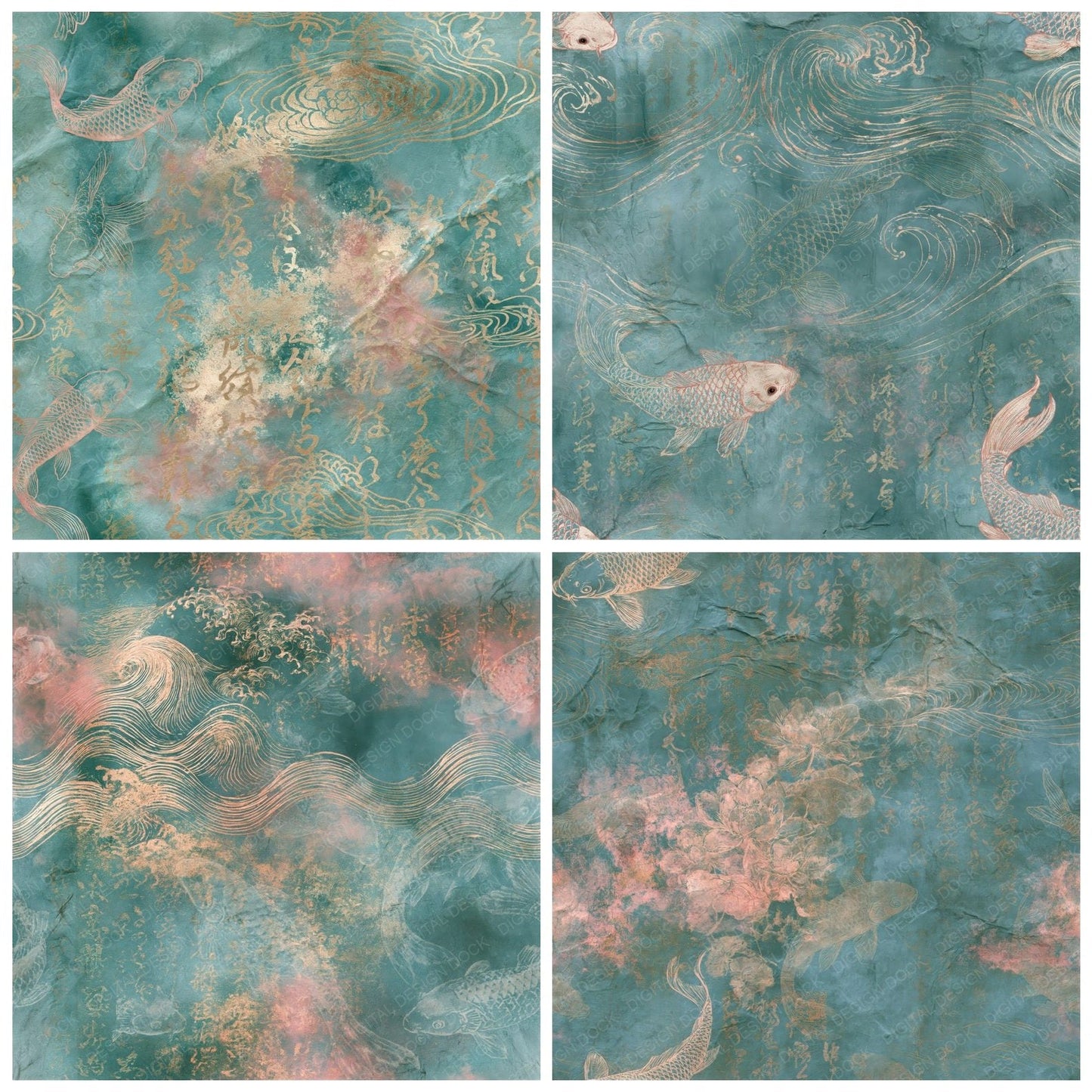 Japan Koi Teal Cherry Seamless Digital Paper Pack (DDD016902)