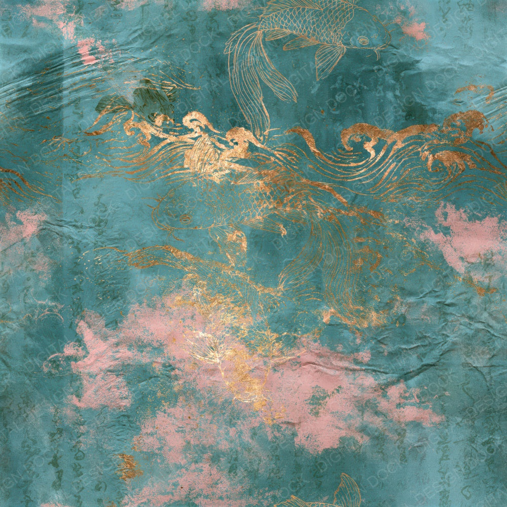 Japan Koi Teal Cherry Seamless Digital Paper Pack (DDD016902)