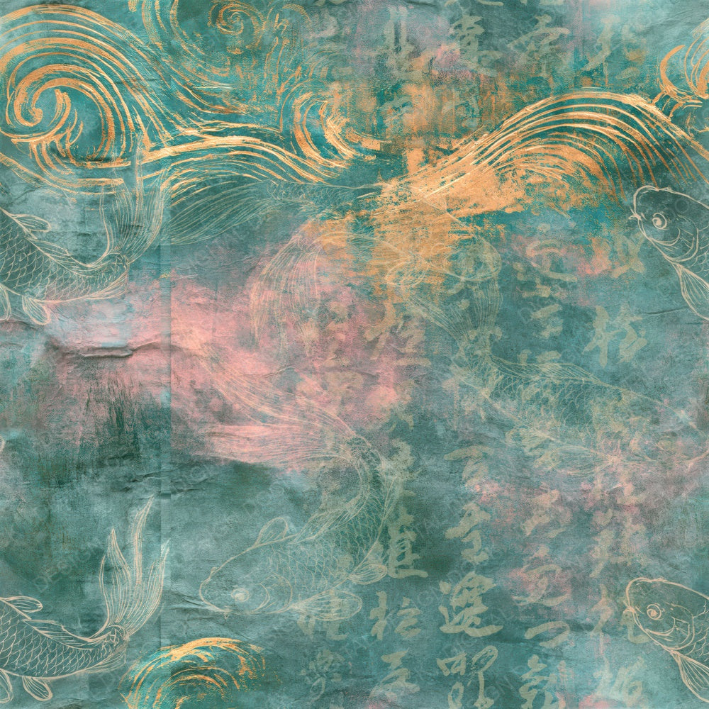 Japan Koi Teal Cherry Seamless Digital Paper Pack (DDD016902)