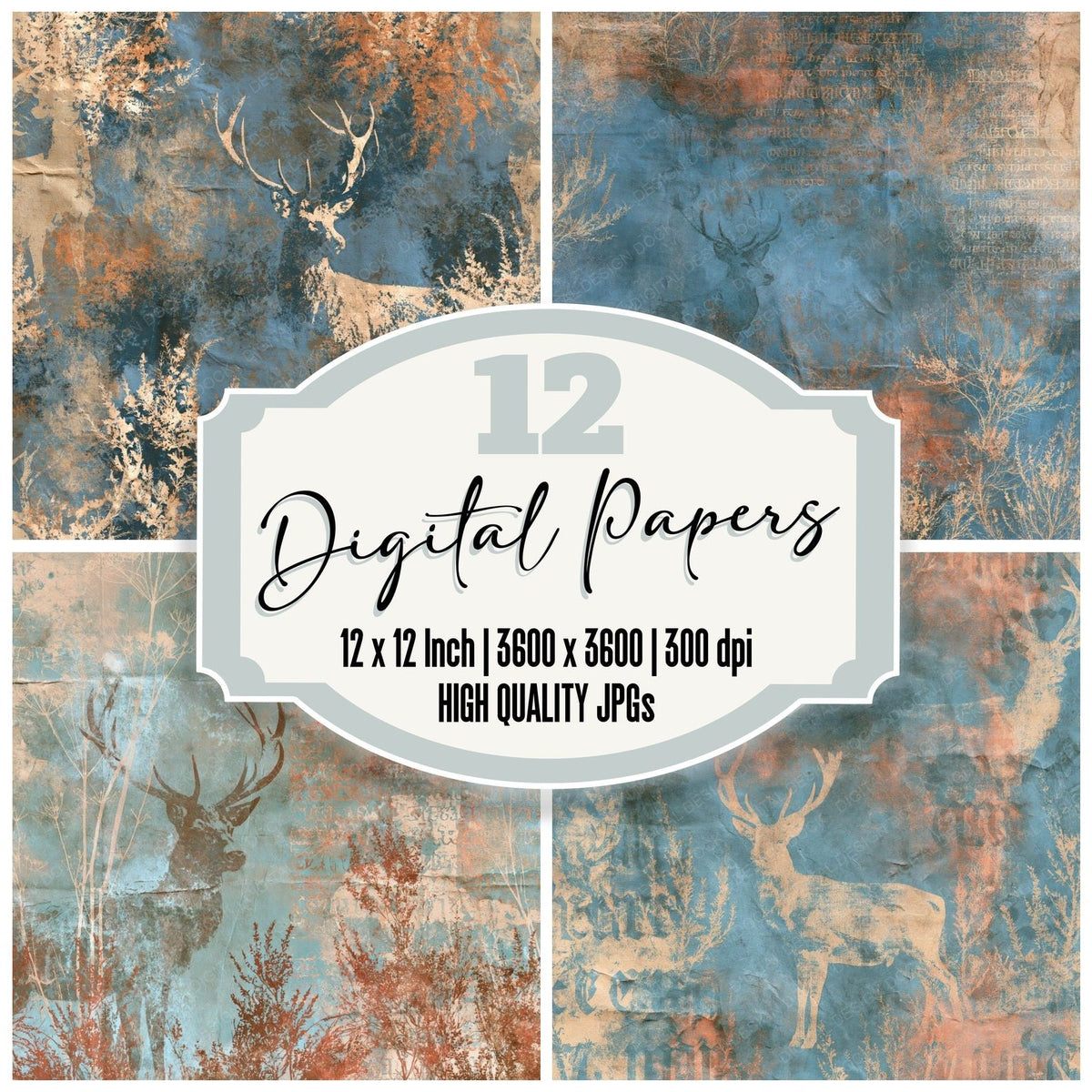 Highland Stag Loch Copper digital paper pack cover showing four of the 12 papers