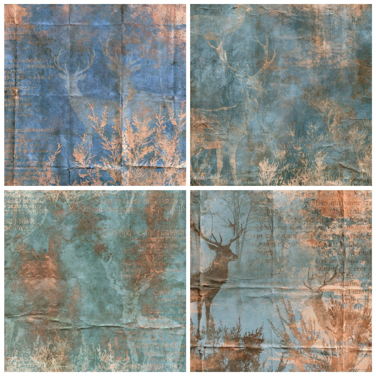 Four Highland Stag Loch Copper digital papers from the pack shown in a grid