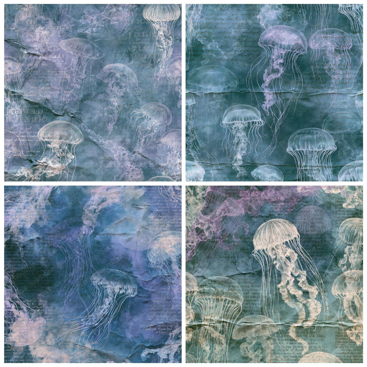 Jellyfish Sea Creature Midnight Teal Violet Digital Paper Pack (DDD017113)