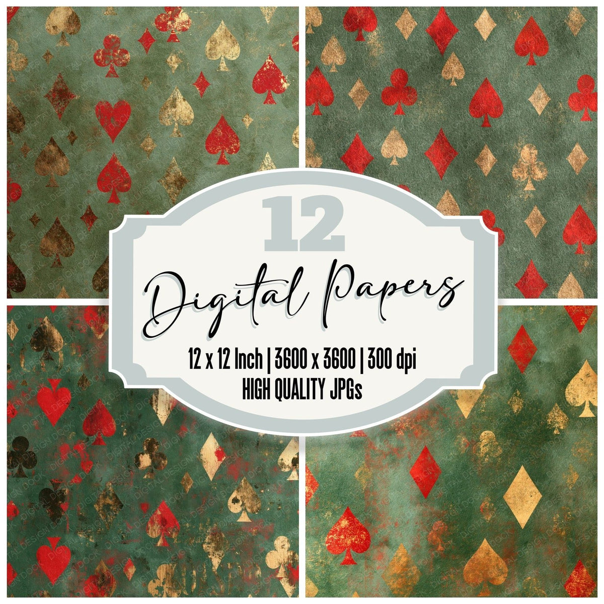 Playing Card Suits Baize Green Red Gold Digital Paper Pack (DDD017116)