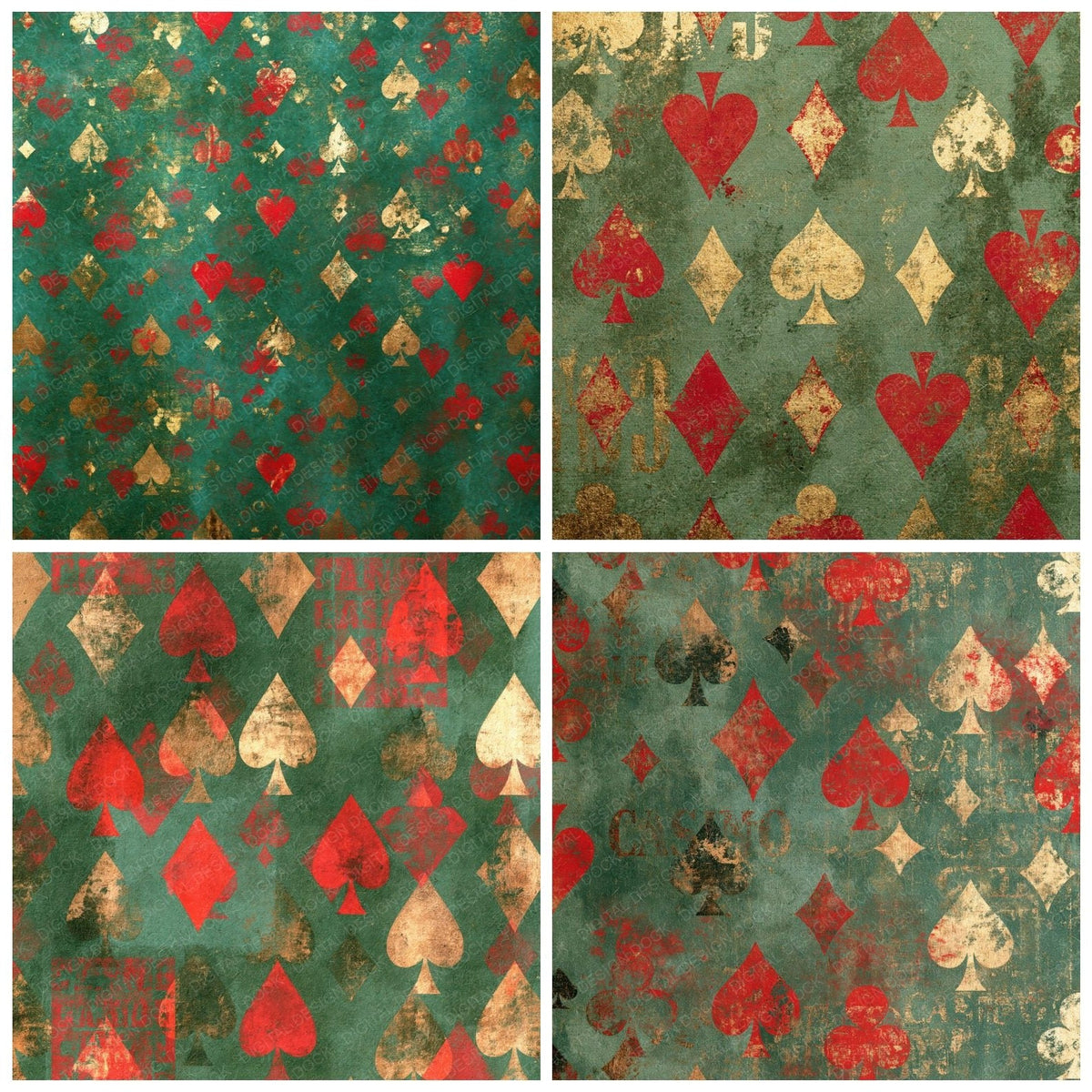 Playing Card Suits Baize Green Red Gold Digital Paper Pack (DDD017116)
