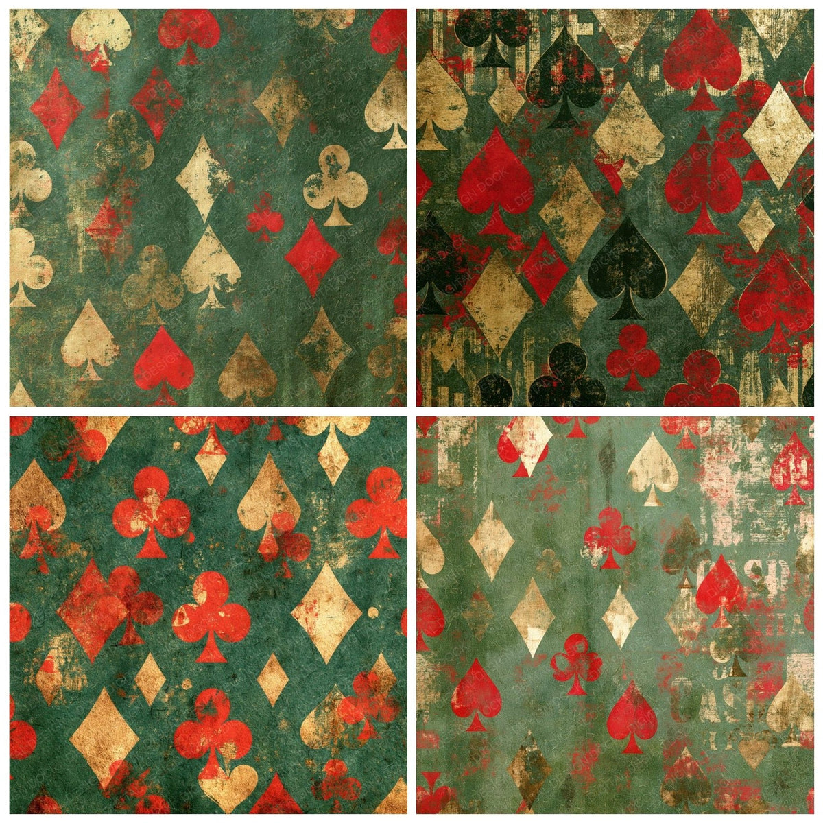 Playing Card Suits Baize Green Red Gold Digital Paper Pack (DDD017116)