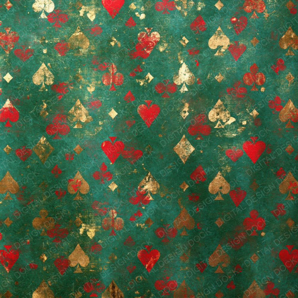 Playing Card Suits Baize Green Red Gold Digital Paper Pack (DDD017116)