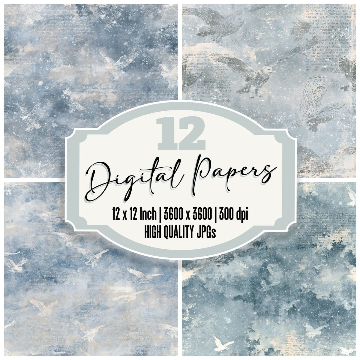 Snowy Owl Bird Polar Twilight Silver Bone Digital Paper Pack (DDD017182)