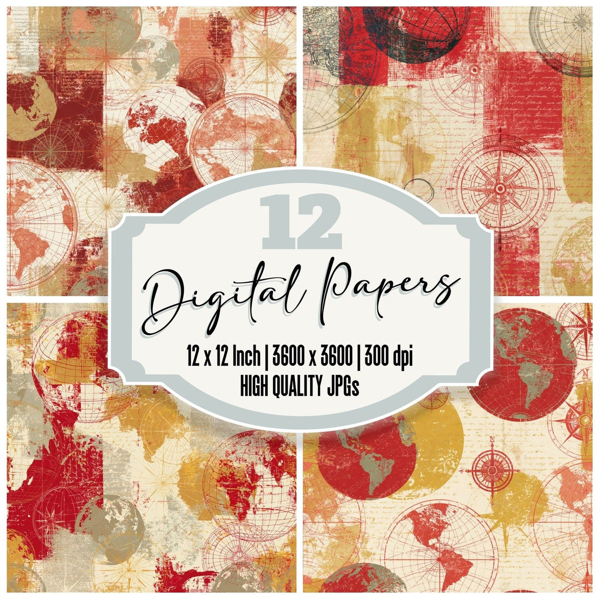 Vintage Globe Compass Rose Cream Red Brass Digital Paper Pack (DDD017203)