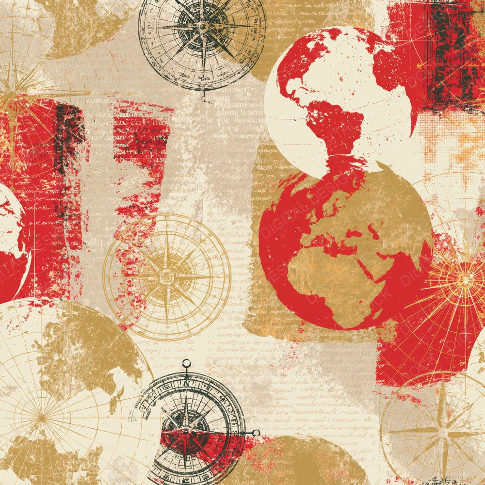 Vintage Globe Compass Rose Cream Red Brass Digital Paper Pack (DDD017203)