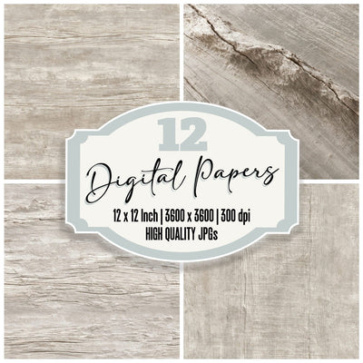 Driftwood Sun Bleached Silver Grey Sand Ivory digital paper pack cover showing four of the 12 papers