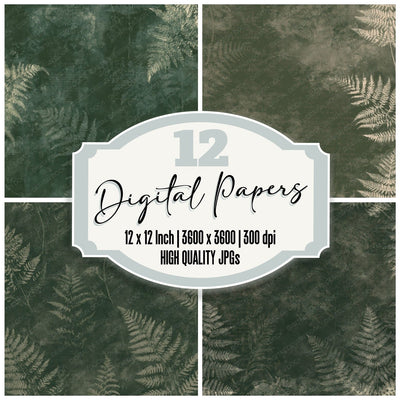 Bracken Fern Botanical Forest Green Umber Bone digital paper pack cover showing four of the 12 papers