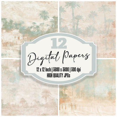 Silk Road Oasis Palm Desert Cream Turquoise Terracotta digital paper pack cover showing four of the 12 papers