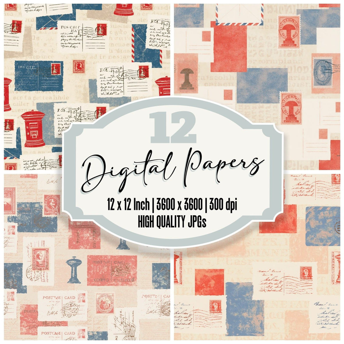 Vintage Postcard Stamp Cream Postbox Red Airmail Digital Paper Pack (DDD017283)