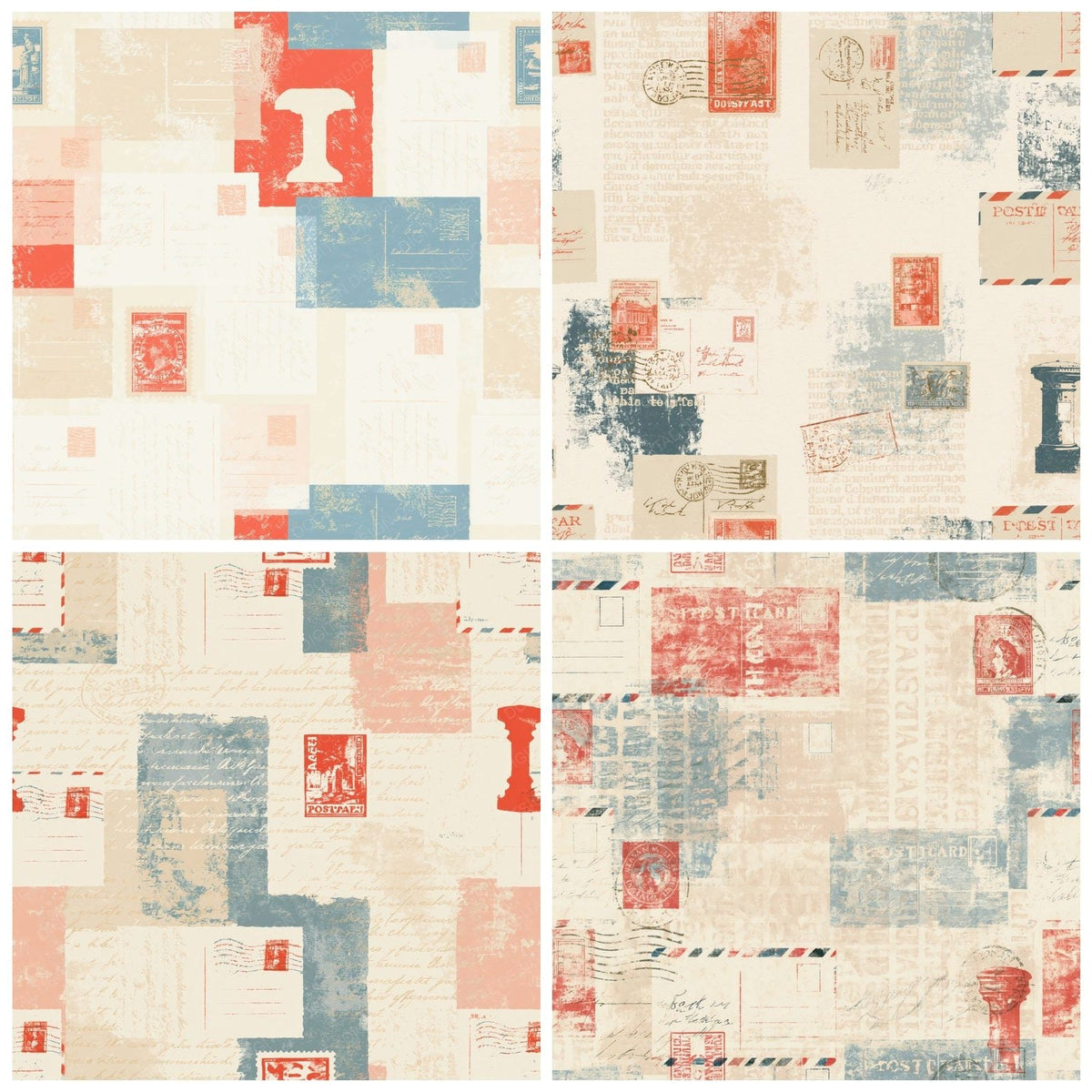 Vintage Postcard Stamp Cream Postbox Red Airmail Digital Paper Pack (DDD017283)