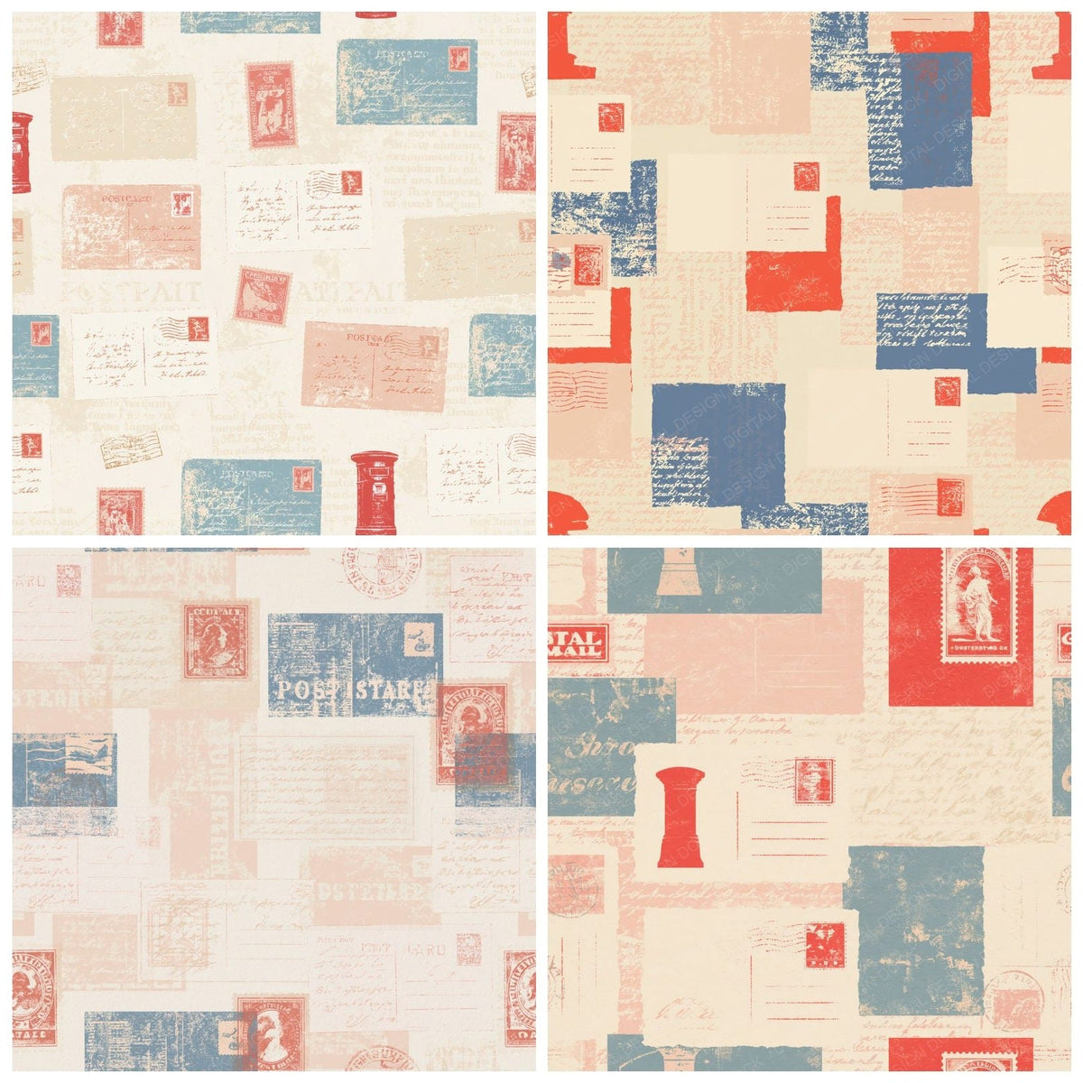 Vintage Postcard Stamp Cream Postbox Red Airmail Digital Paper Pack (DDD017283)