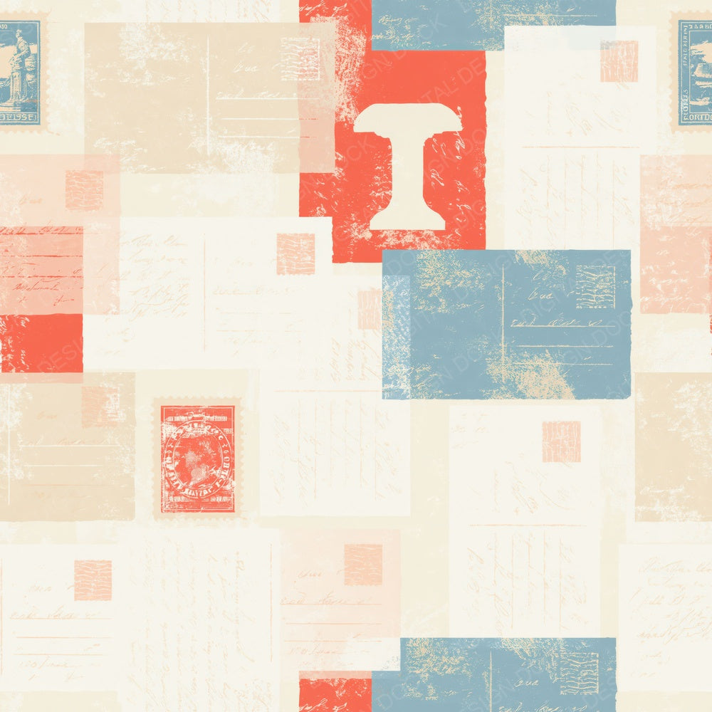Vintage Postcard Stamp Cream Postbox Red Airmail Digital Paper Pack (DDD017283)