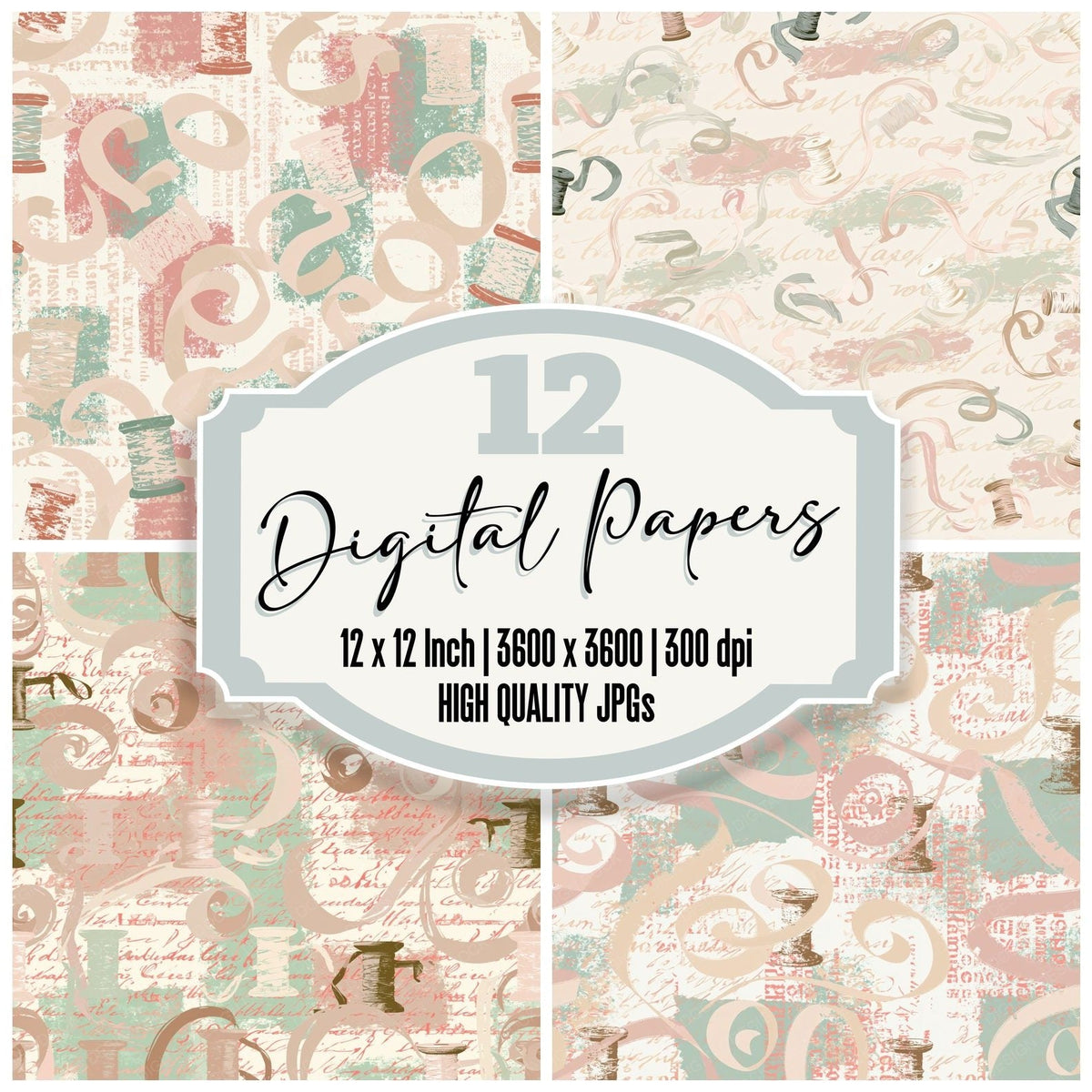 Ribbon Spool Butter Cream Rose Mint Digital Paper Pack (DDD017299)