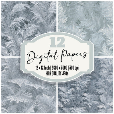 Frost Fern Crystal Glass Grey Ice Pewter digital paper pack cover showing four of the 12 papers
