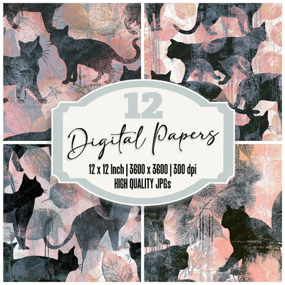 Graffiti Leaf Printed Cats Rose Charcoal digital paper pack cover showing four of the 12 papers