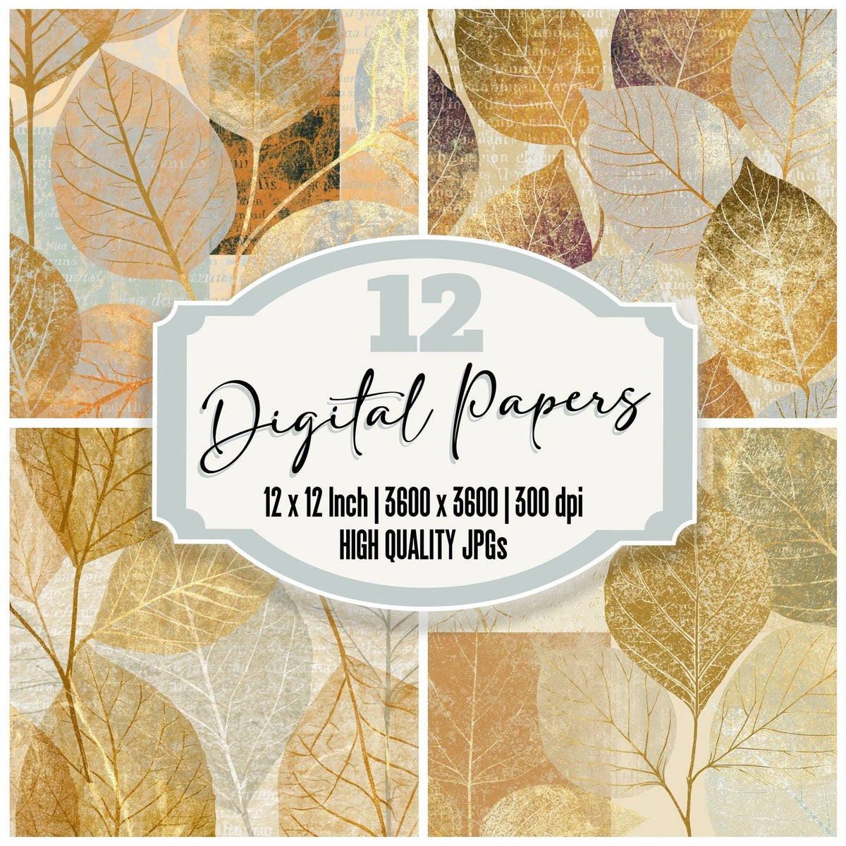 Linocut Leaf Xray Gold Pearl Texture Digital Paper Pack (DDD017352)