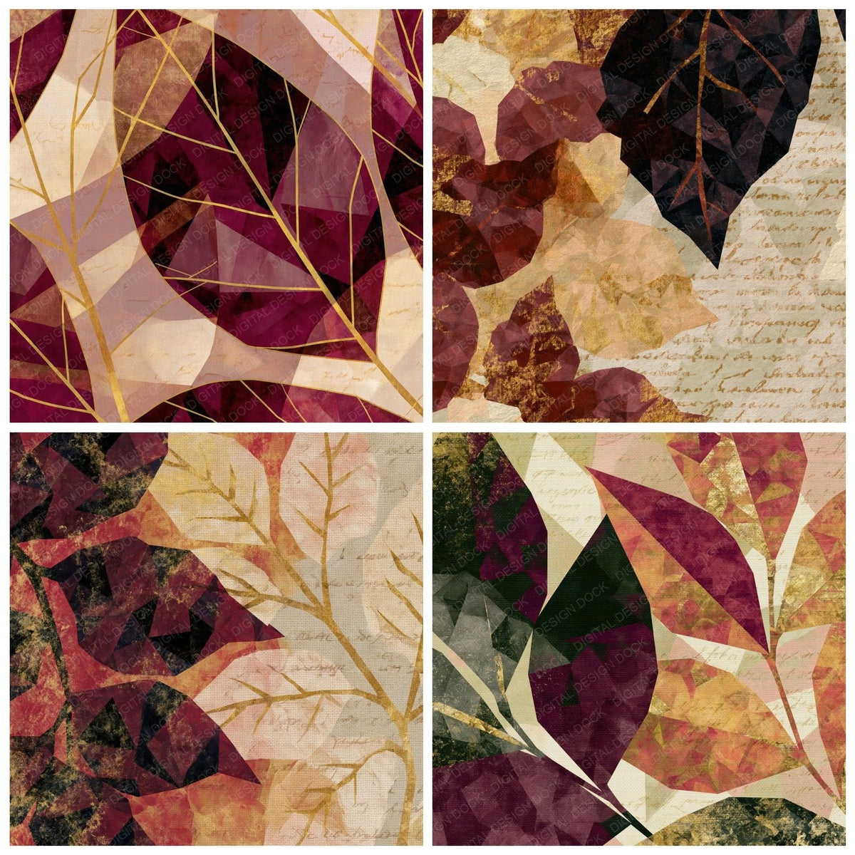 Low Poly Leaf Outline Port Cream Abstract Digital Paper Pack (DDD017354)