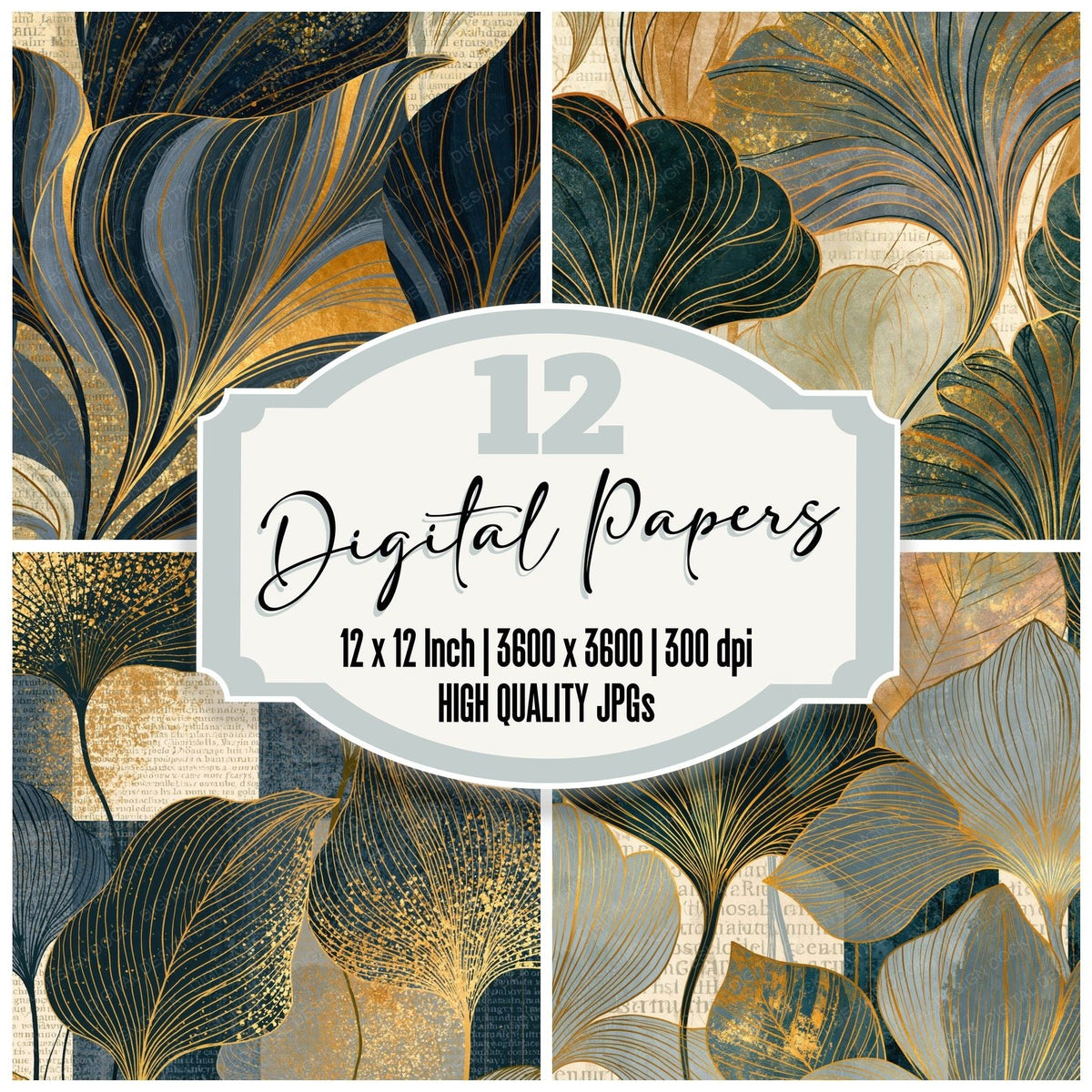 Ert Leaf Outline Graphite Cream Abstract Digital Paper Pack (DDD017373)