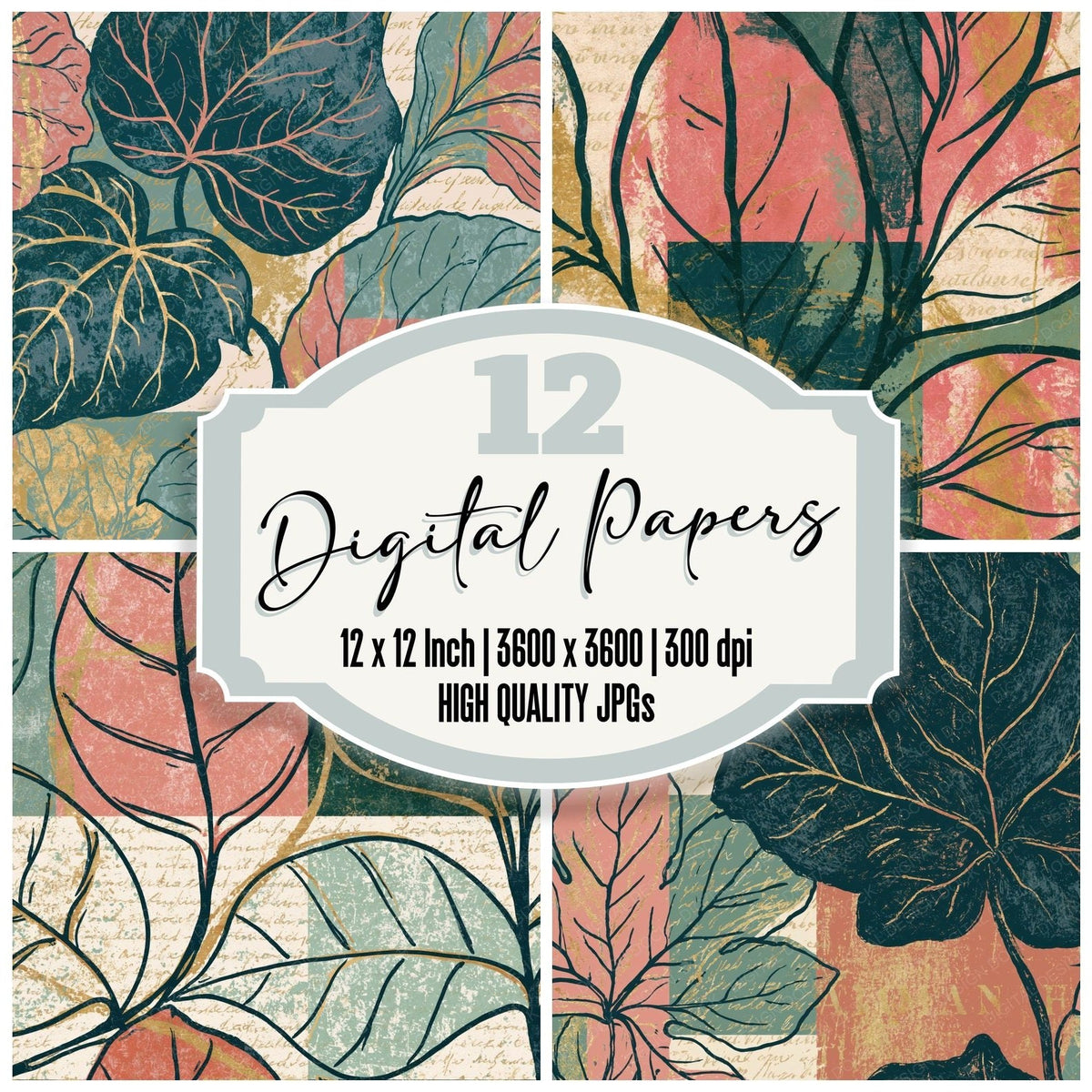 Toulouse-Lautrec Leaf Outline Pink Seafoam Abstract Digital Paper Pack (DDD017382)