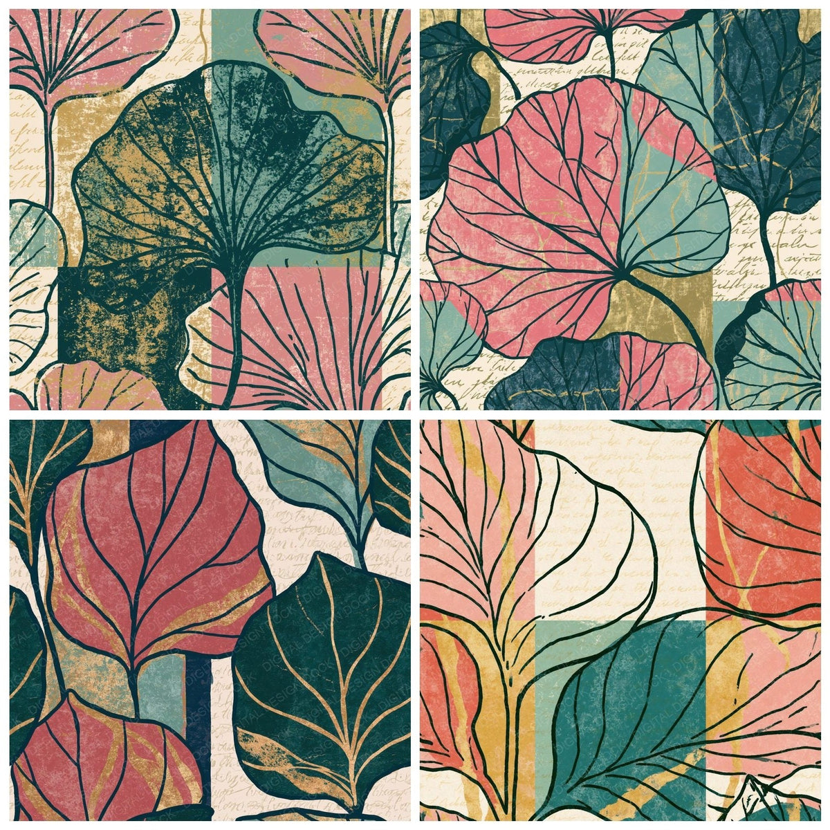 Toulouse-Lautrec Leaf Outline Pink Seafoam Abstract Digital Paper Pack (DDD017382)
