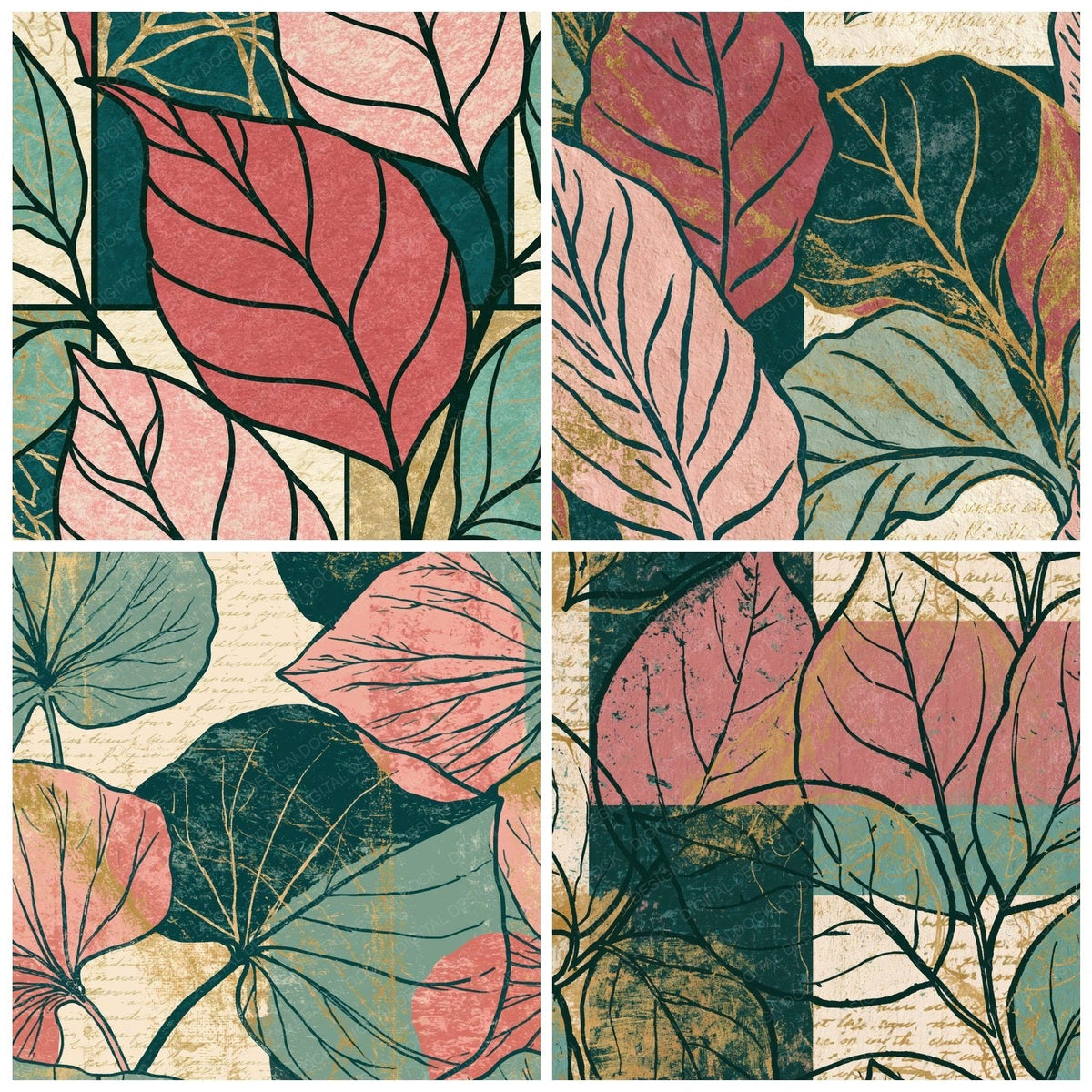 Toulouse-Lautrec Leaf Outline Pink Seafoam Abstract Digital Paper Pack (DDD017382)