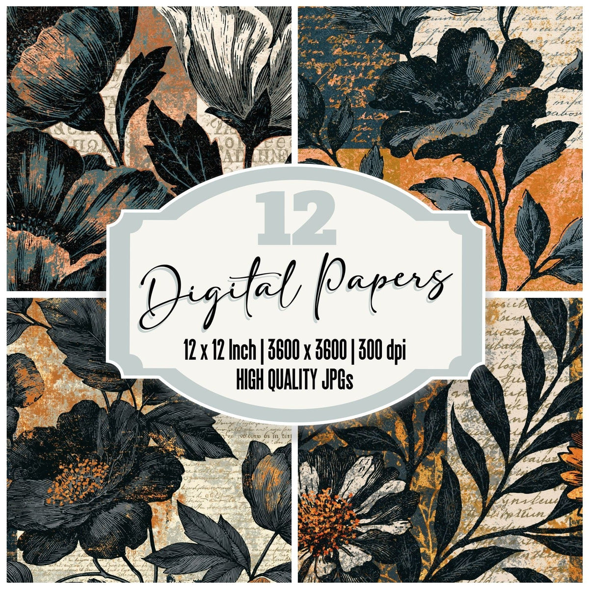Penny Dreadful Flower Outline Black Bone Abstract Digital Paper Pack (DDD017400)