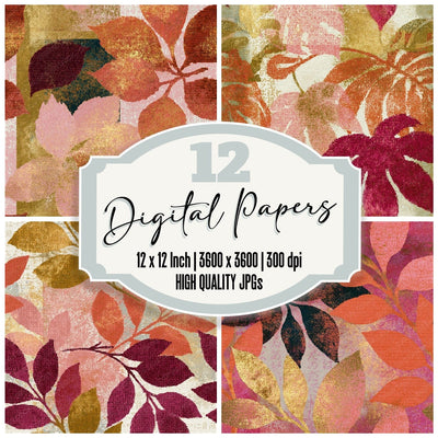 ASCII Leaf Print Coral Gold Seamless digital paper pack cover showing four of the 12 papers