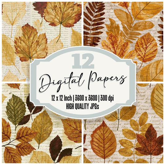 Audubon Leaf Print Caramel Goldenrod Seamless digital paper pack cover showing four of the 12 papers
