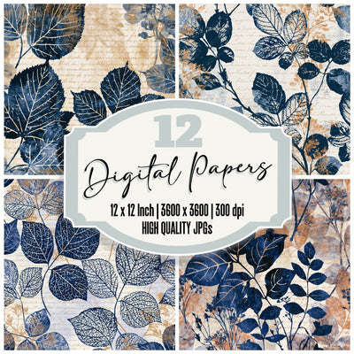 Cottage Garden Leaf Scan Indigo Ivory digital paper pack cover showing four of the 12 papers