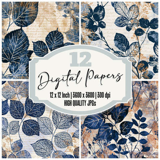 Cottage Garden Leaf Scan Indigo Ivory digital paper pack cover showing four of the 12 papers