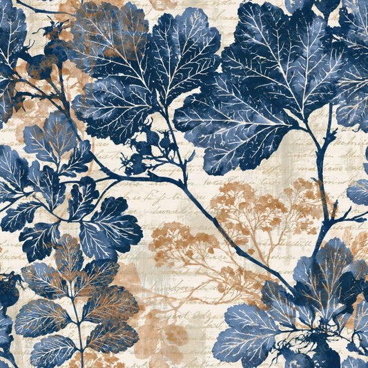 Single Cottage Garden Leaf Scan Indigo Ivory digital paper shown full size