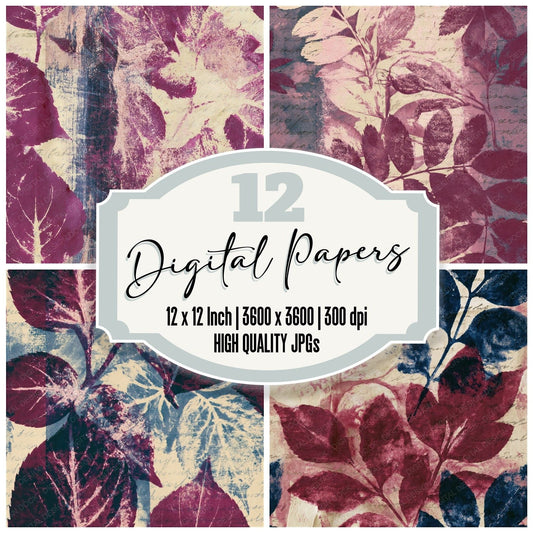 Cyanotype Leaf Print Wine Oat Seamless digital paper pack cover showing four of the 12 papers