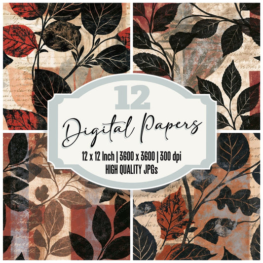 Greek Pottery Leaf Scan Sepia Seamless digital paper pack cover showing four of the 12 papers