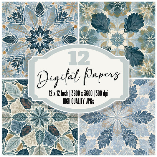Haeckel Leaf Print Bone Frost digital paper pack cover showing four of the 12 papers