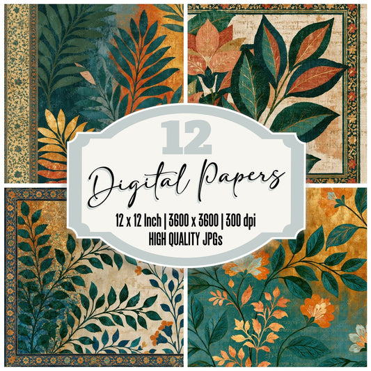 Mughal Leaf Print Fern Ochre digital paper pack cover showing four of the 12 papers
