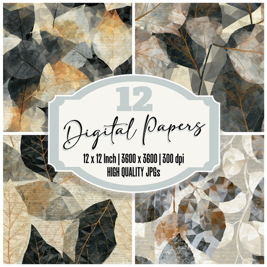 Low Poly Leaf Scan Graphite Cream Seamless digital paper pack cover showing four of the 12 papers