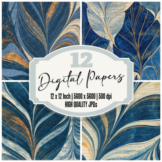Paper Marbling Leaf Scan Indigo Ivory digital paper pack cover showing four of the 12 papers