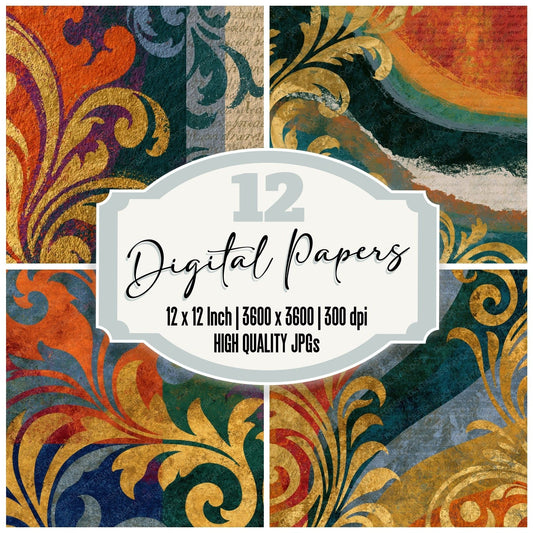 Baroque Rainbow Orange Moss Abstract digital paper pack cover showing four of the 12 papers