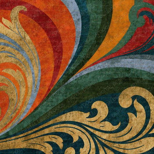 Single Baroque Rainbow Orange Moss Abstract digital paper shown full size