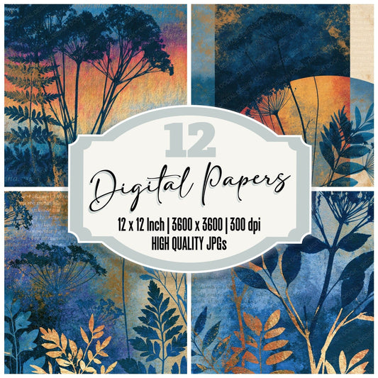 Cyanotype Rainbow Botanical Abstract digital paper pack cover showing four of the 12 papers