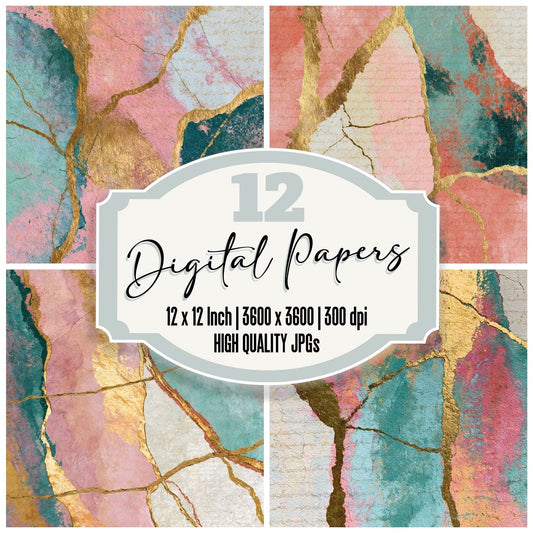 Kintsugi Rainbow Pink Mint Abstract Digital Paper Pack (DDD017478)