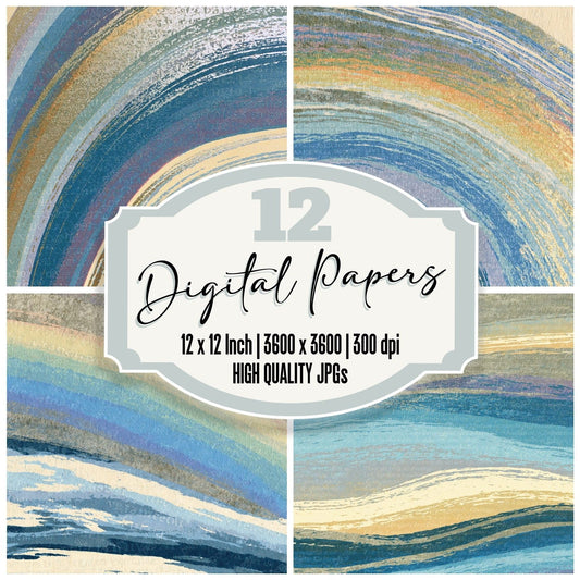 Linocut Rainbow Silver Blue Abstract Digital Paper Pack (DDD017479)
