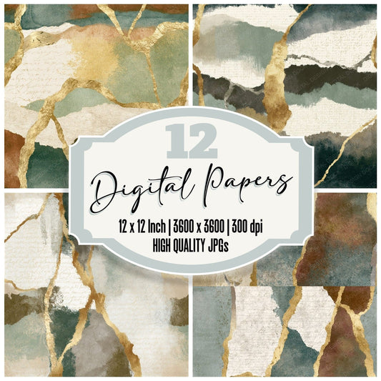 Kintsugi Rainbow Tobacco Sage Abstract Seamless Digital Paper Pack (DDD017489)