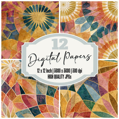 Mandala Rainbow Ochre Pink Abstract Seamless digital paper pack cover showing four of the 12 papers
