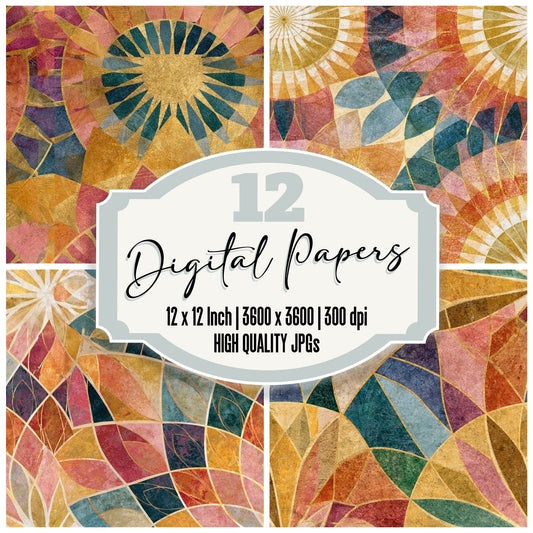 Mandala Rainbow Ochre Pink Abstract Seamless Digital Paper Pack (DDD017491)