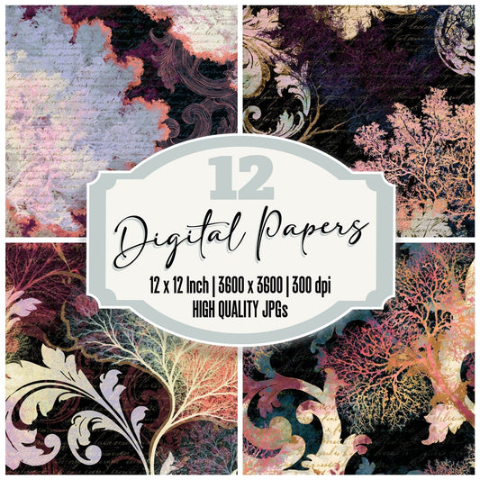 Rococo Rainbow Mycelium Ivory digital paper pack cover showing four of the 12 papers